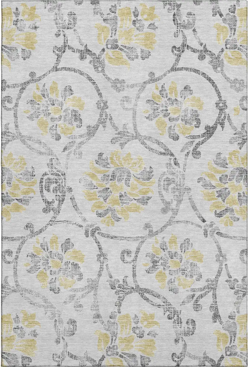 Silver Gray And Gold Floral Washable Area Rug With UV Protection Photo 1