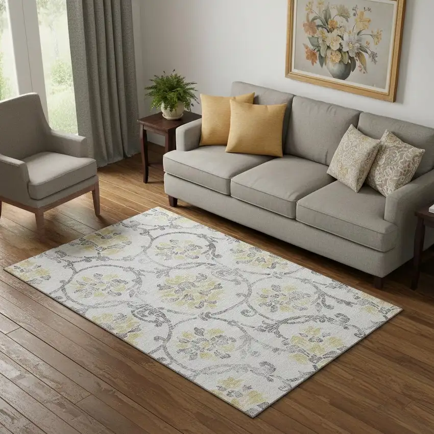 Silver Gray And Gold Floral Washable Area Rug With UV Protection Photo 2