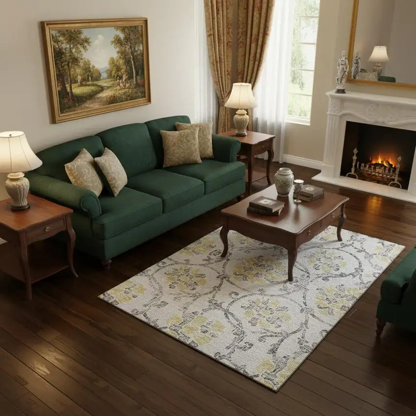 Silver Gray And Gold Floral Washable Area Rug With UV Protection Photo 2