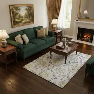 Photo of Silver Gray And Gold Floral Washable Area Rug With UV Protection