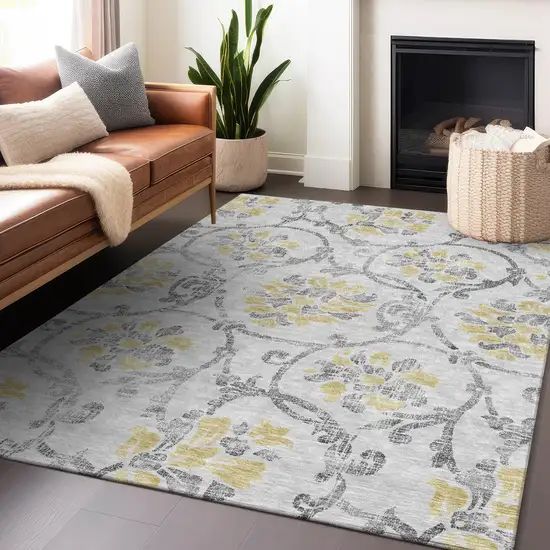 Silver Gray And Gold Floral Washable Area Rug With UV Protection Photo 6