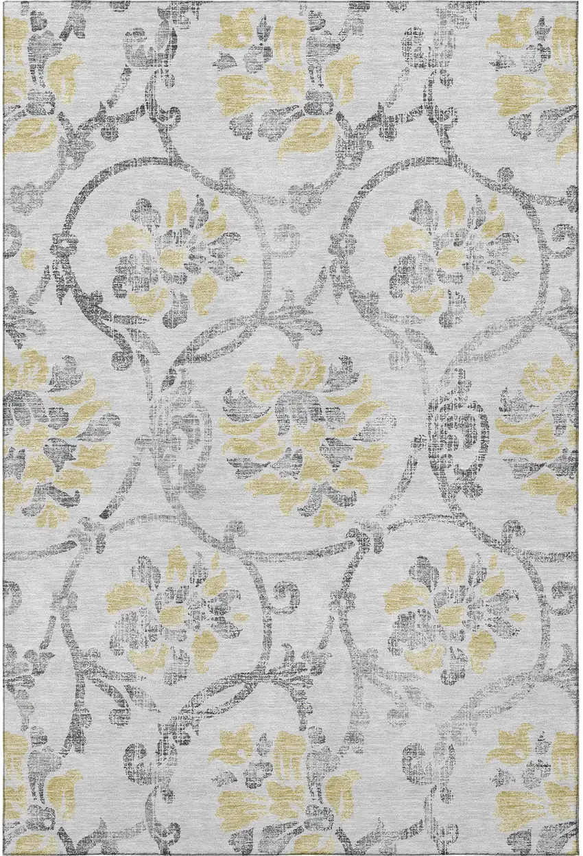 Silver Gray And Gold Floral Washable Area Rug With UV Protection Photo 4