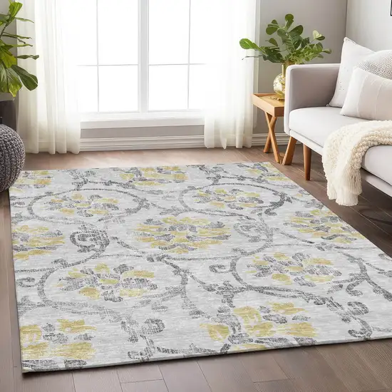 Silver Gray And Gold Floral Washable Area Rug With UV Protection Photo 5