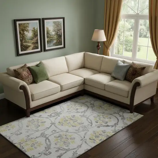 Silver Gray And Gold Floral Washable Area Rug With UV Protection Photo 1