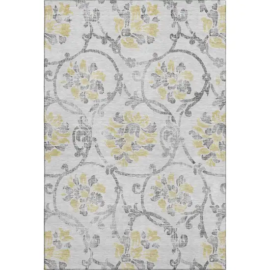 Silver Gray And Gold Floral Washable Area Rug With UV Protection Photo 1