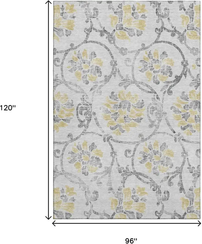 Silver Gray And Gold Floral Washable Area Rug With UV Protection Photo 3