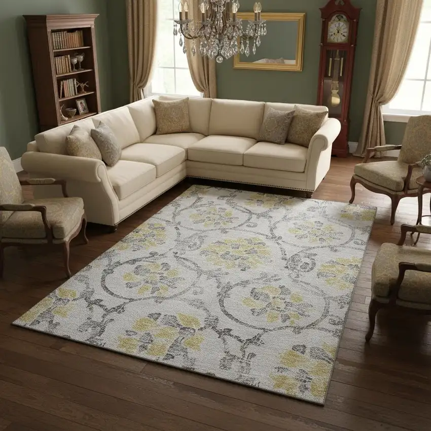 Silver Gray And Gold Floral Washable Area Rug With UV Protection Photo 2