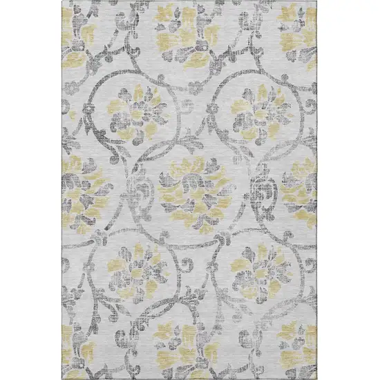 Silver Gray And Gold Floral Washable Area Rug With UV Protection Photo 4