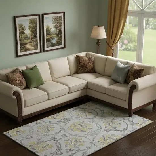 Silver Gray And Gold Floral Washable Area Rug With UV Protection Photo 1