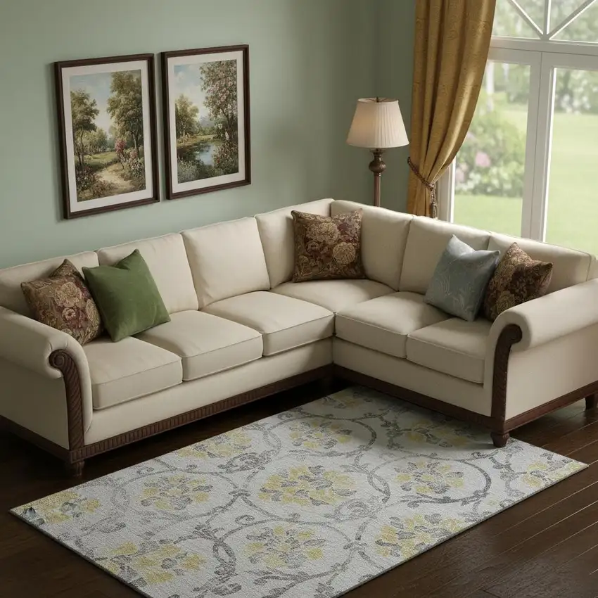 Silver Gray And Gold Floral Washable Area Rug With UV Protection Photo 1