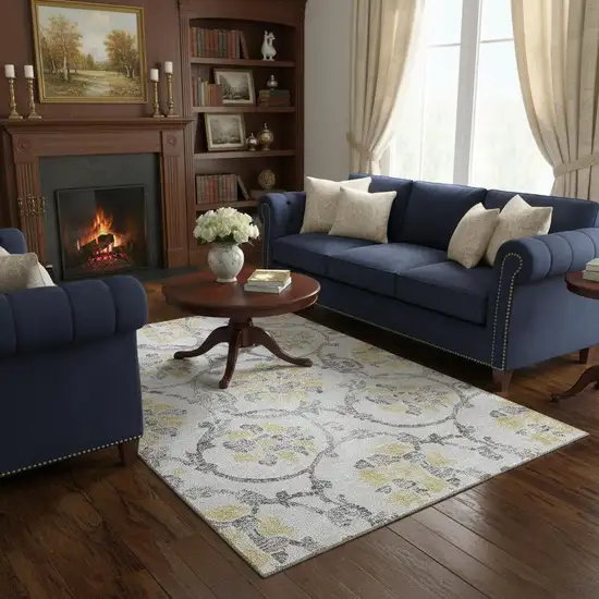 Silver Gray And Gold Floral Washable Area Rug With UV Protection Photo 2