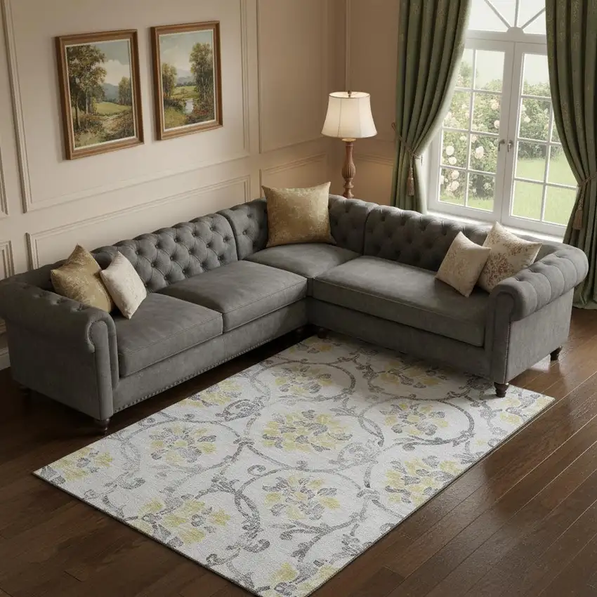 Silver Gray And Gold Floral Washable Area Rug With UV Protection Photo 1