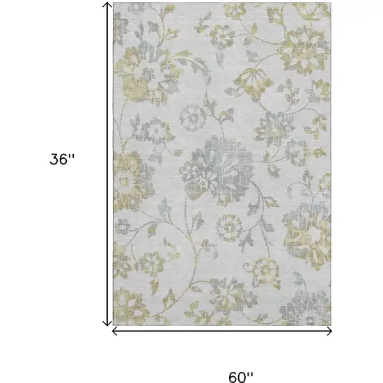 Silver Gray And Gold Floral Washable Area Rug With UV Protection Photo 3