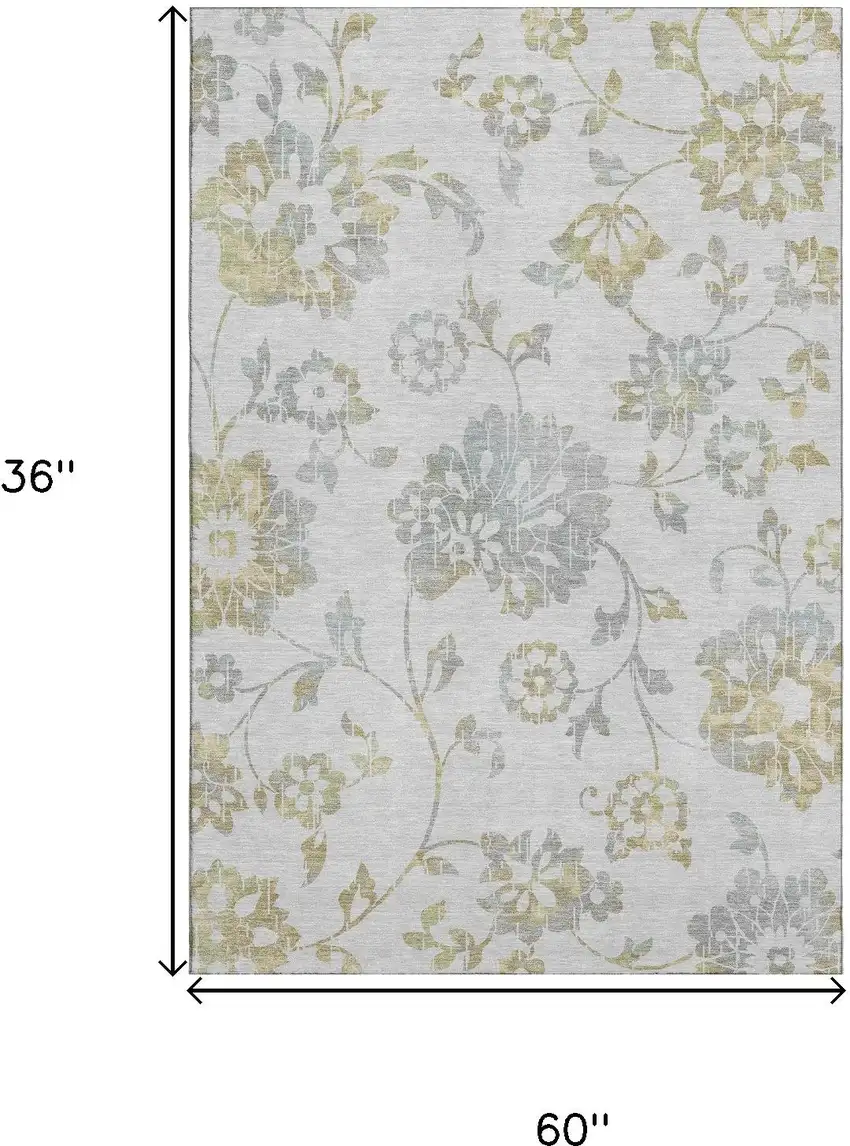 Silver Gray And Gold Floral Washable Area Rug With UV Protection Photo 3