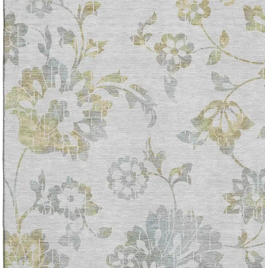 Silver Gray And Gold Floral Washable Area Rug With UV Protection Photo 4