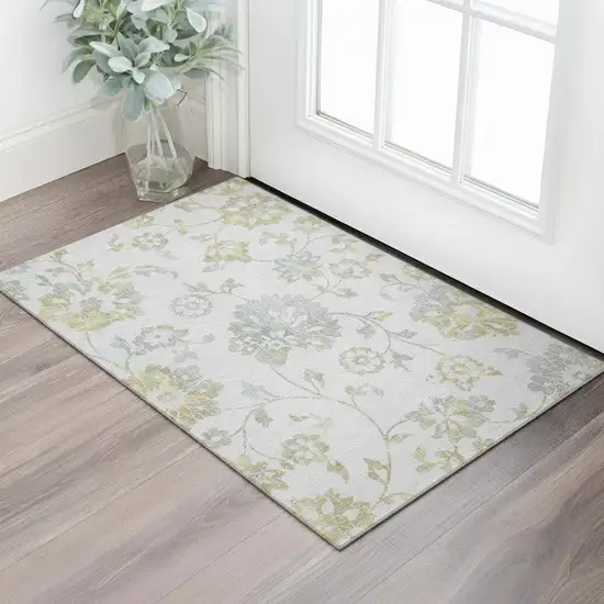 Silver Gray And Gold Floral Washable Area Rug With UV Protection Photo 1