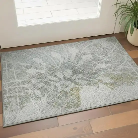 Silver Gray And Gold Floral Washable Area Rug With UV Protection Photo 2