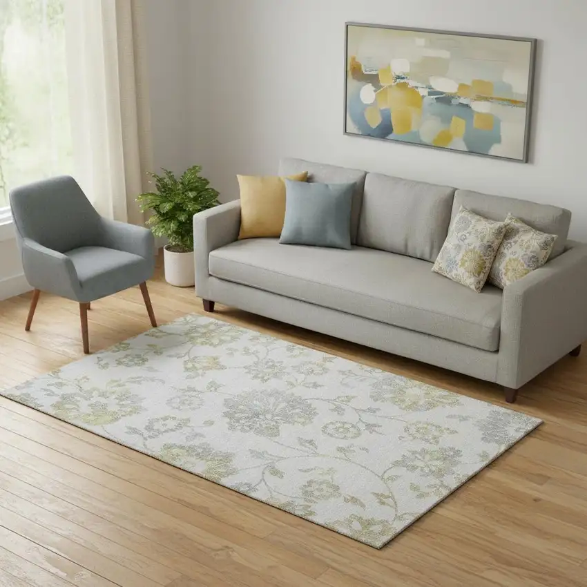 Silver Gray And Gold Floral Washable Area Rug With UV Protection Photo 1