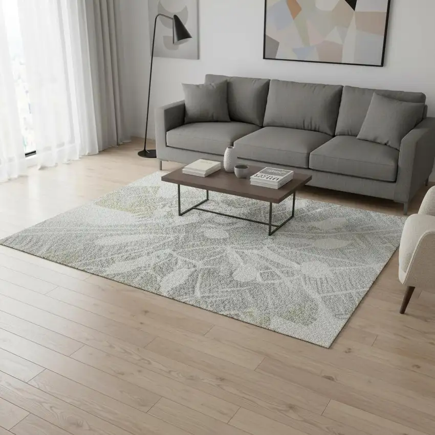 Silver Gray And Gold Floral Washable Area Rug With UV Protection Photo 2