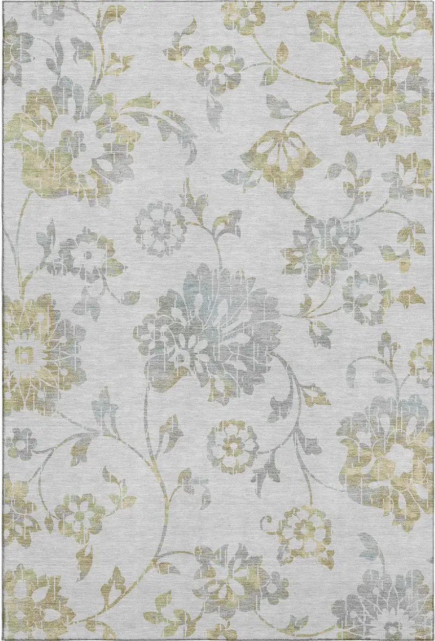 Silver Gray And Gold Floral Washable Area Rug With UV Protection Photo 7