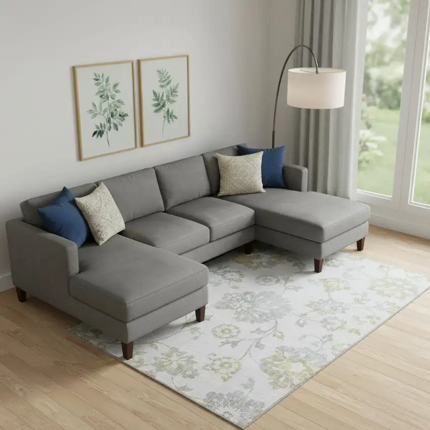 Silver Gray And Gold Floral Washable Area Rug With UV Protection Photo 1