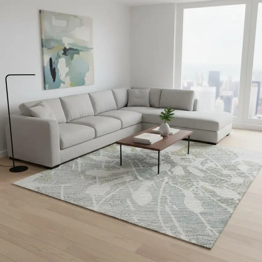 Silver Gray And Gold Floral Washable Area Rug With UV Protection Photo 2