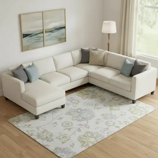 Silver Gray And Gold Floral Washable Area Rug With UV Protection Photo 1