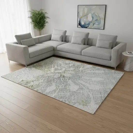 Silver Gray And Gold Floral Washable Area Rug With UV Protection Photo 2