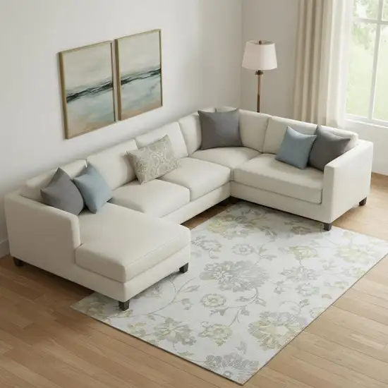 Silver Gray And Gold Floral Washable Area Rug With UV Protection Photo 1