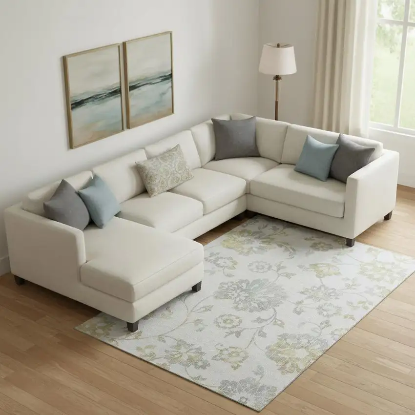 Silver Gray And Gold Floral Washable Area Rug With UV Protection Photo 1