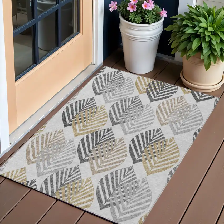 Silver Gray And Gold Floral Washable Indoor Outdoor Area Rug Photo 1