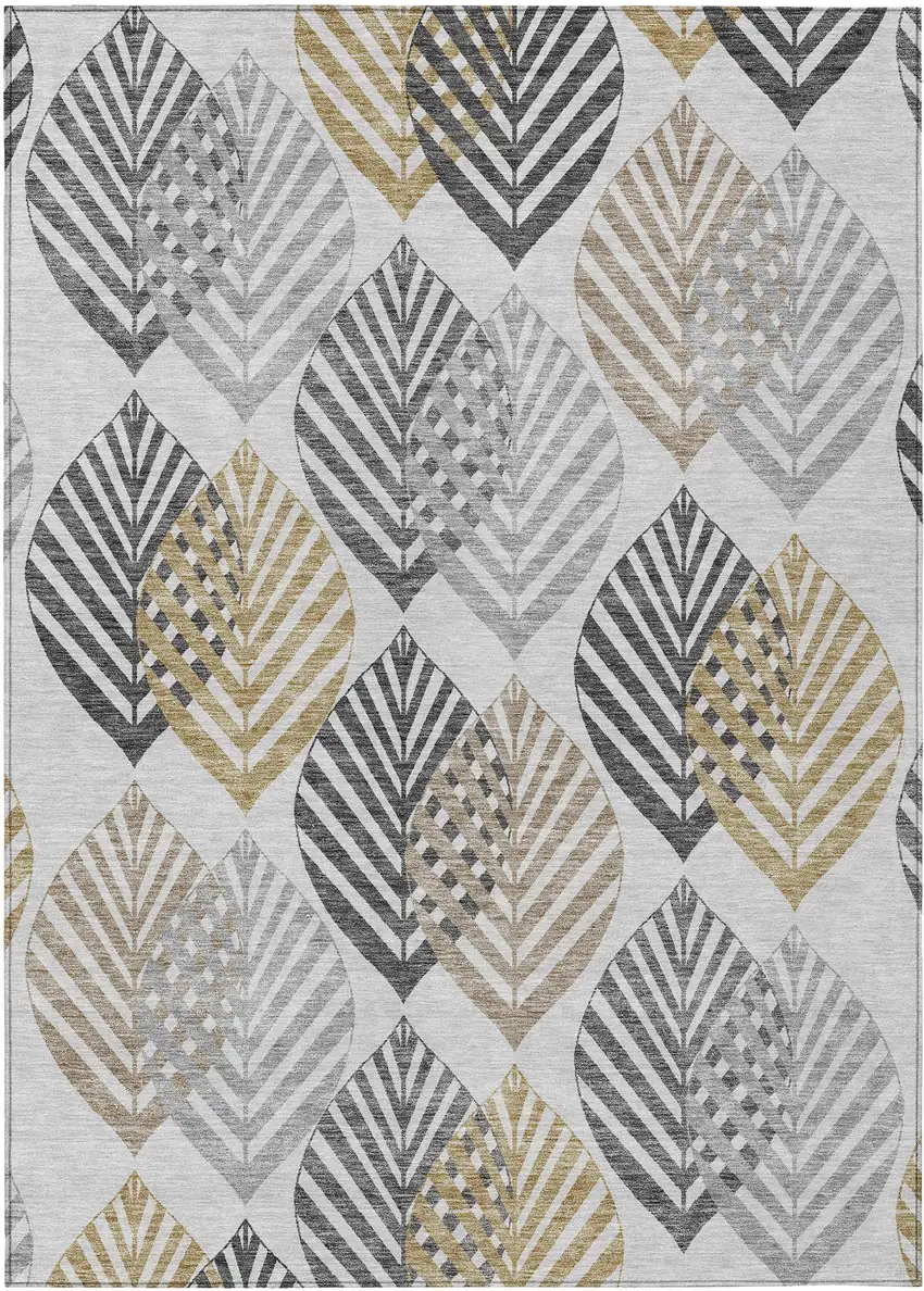 Silver Gray And Gold Floral Washable Indoor Outdoor Area Rug Photo 1