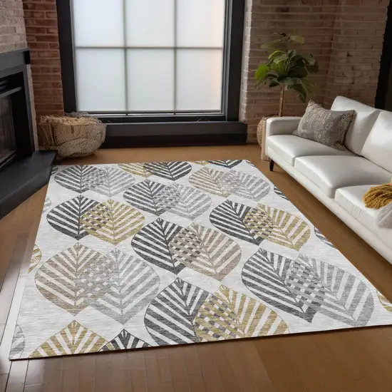 Silver Gray And Gold Floral Washable Indoor Outdoor Area Rug Photo 9
