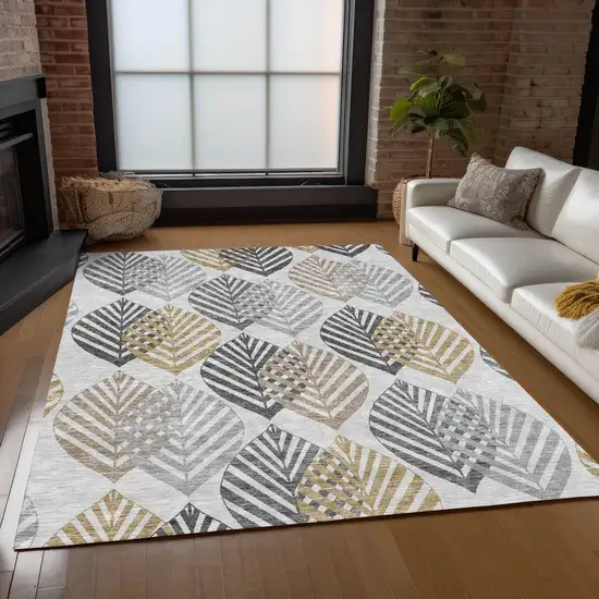 Silver Gray And Gold Floral Washable Indoor Outdoor Area Rug Photo 9