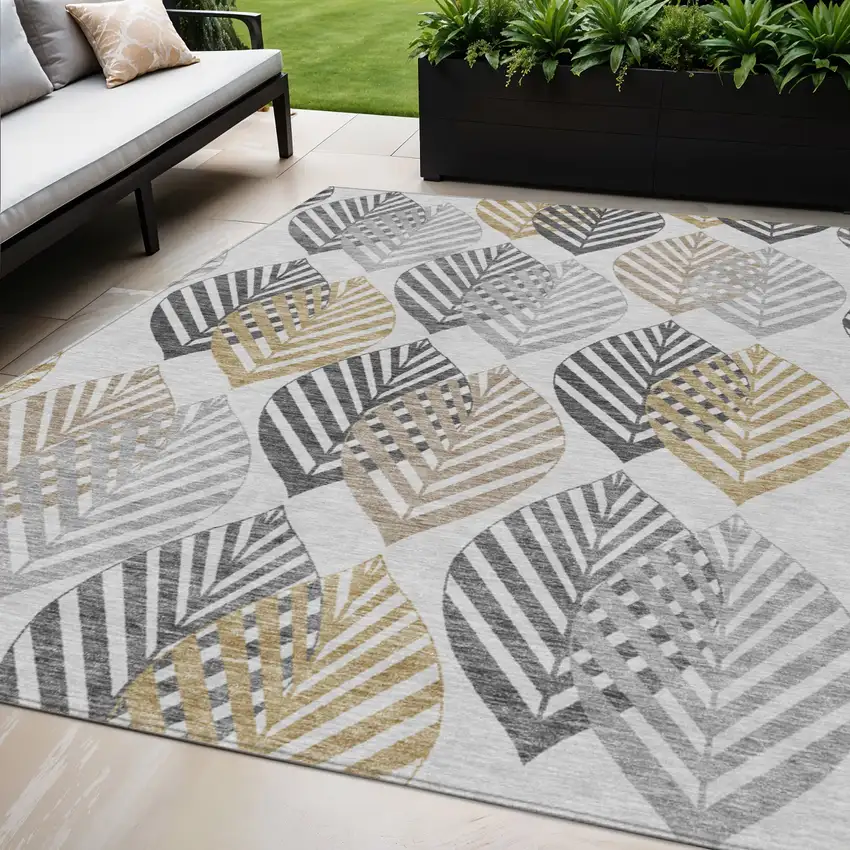 Silver Gray And Gold Floral Washable Indoor Outdoor Area Rug Photo 1