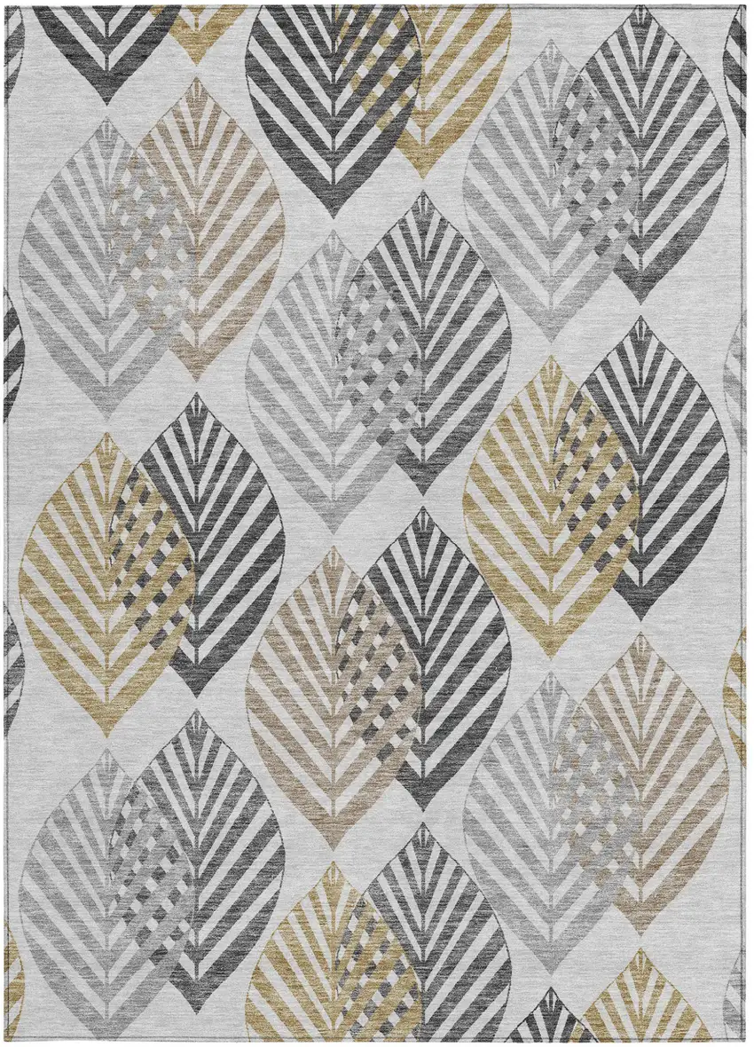 Silver Gray And Gold Floral Washable Indoor Outdoor Area Rug Photo 7