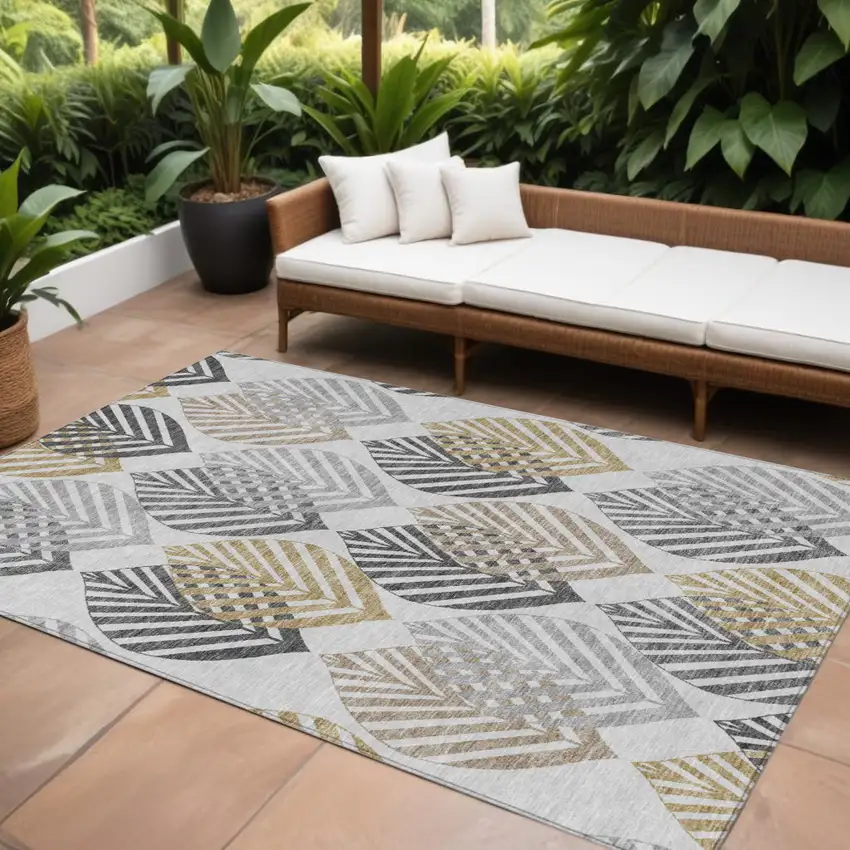 Silver Gray And Gold Floral Washable Indoor Outdoor Area Rug Photo 1