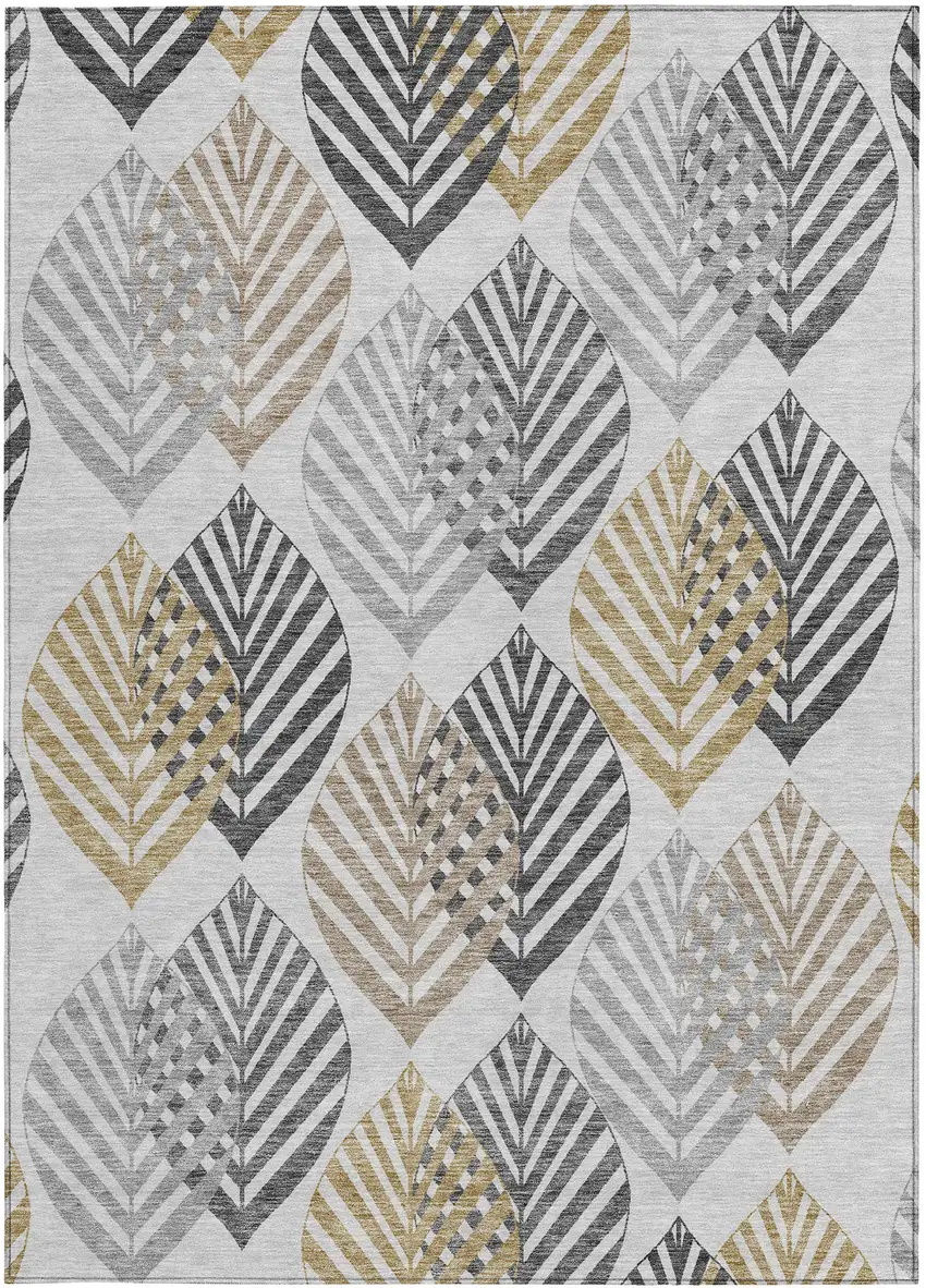 Silver Gray And Gold Floral Washable Indoor Outdoor Area Rug Photo 5