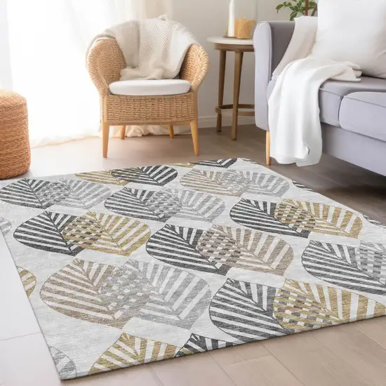 Silver Gray And Gold Floral Washable Indoor Outdoor Area Rug Photo 7