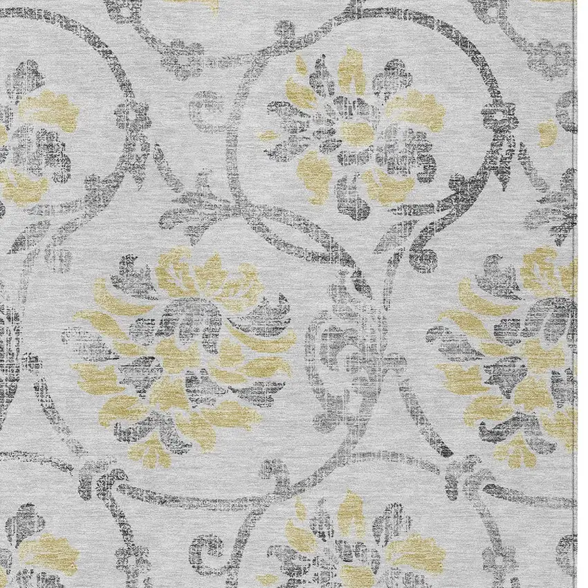 Silver Gray And Gold Floral Washable Indoor Outdoor Area Rug Photo 5