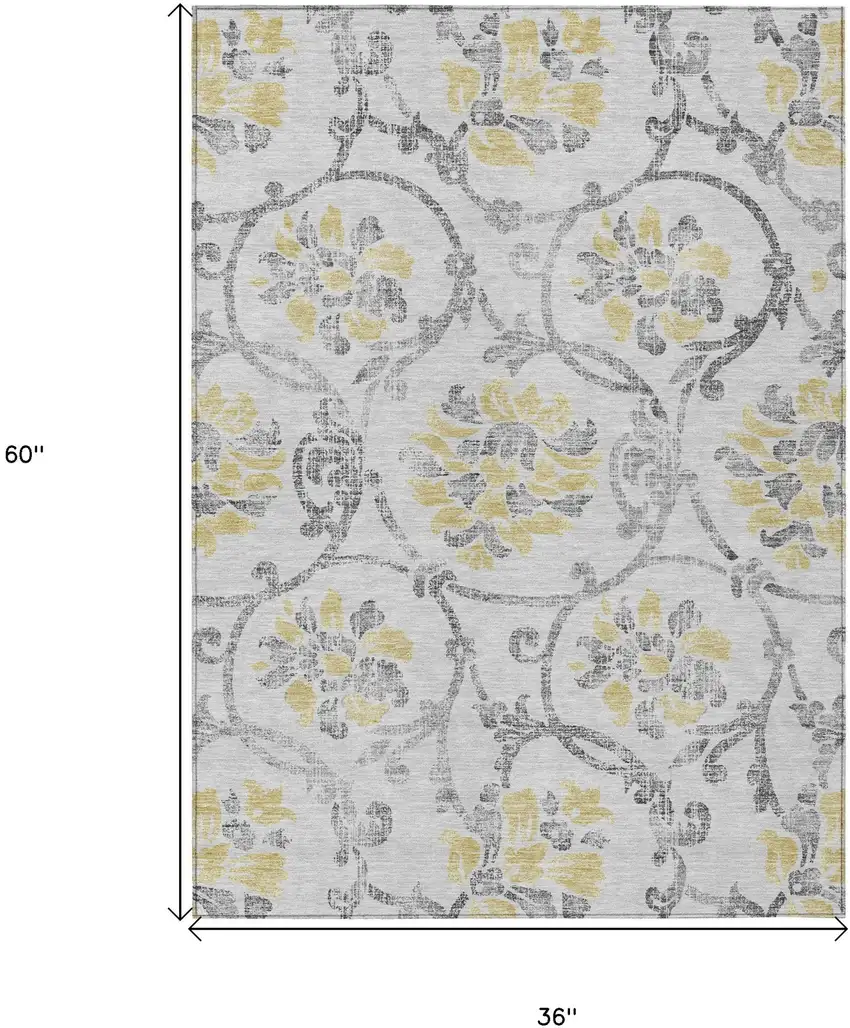 Silver Gray And Gold Floral Washable Indoor Outdoor Area Rug Photo 8