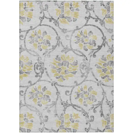 Silver Gray And Gold Floral Washable Indoor Outdoor Area Rug Photo 1