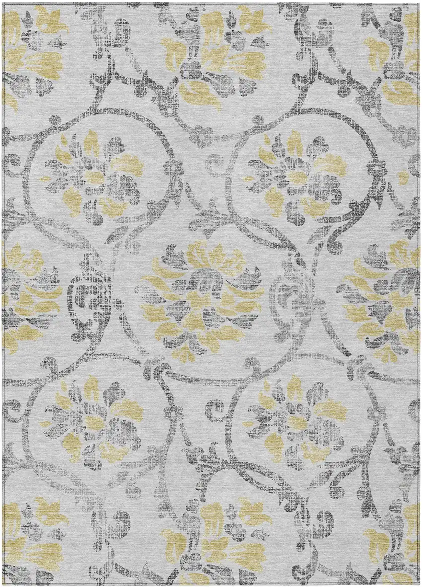 Silver Gray And Gold Floral Washable Indoor Outdoor Area Rug Photo 1