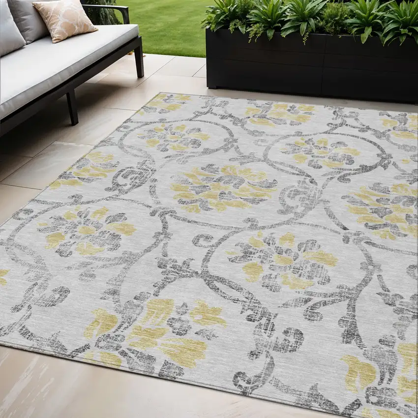 Silver Gray And Gold Floral Washable Indoor Outdoor Area Rug Photo 1