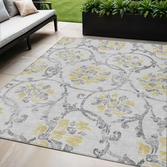 Silver Gray And Gold Floral Washable Indoor Outdoor Area Rug Photo 1