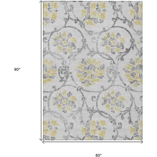 Silver Gray And Gold Floral Washable Indoor Outdoor Area Rug Photo 3