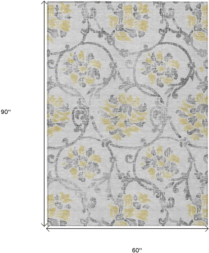 Silver Gray And Gold Floral Washable Indoor Outdoor Area Rug Photo 3