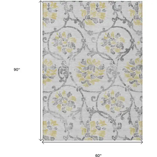 Silver Gray And Gold Floral Washable Indoor Outdoor Area Rug Photo 3
