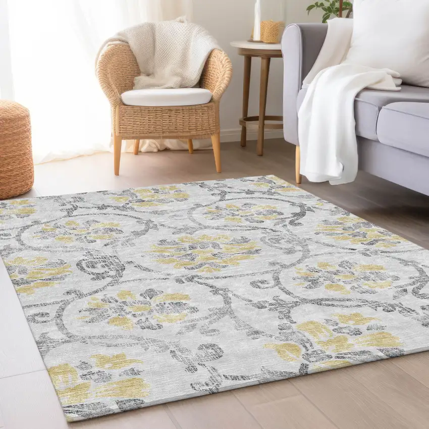 Silver Gray And Gold Floral Washable Indoor Outdoor Area Rug Photo 9