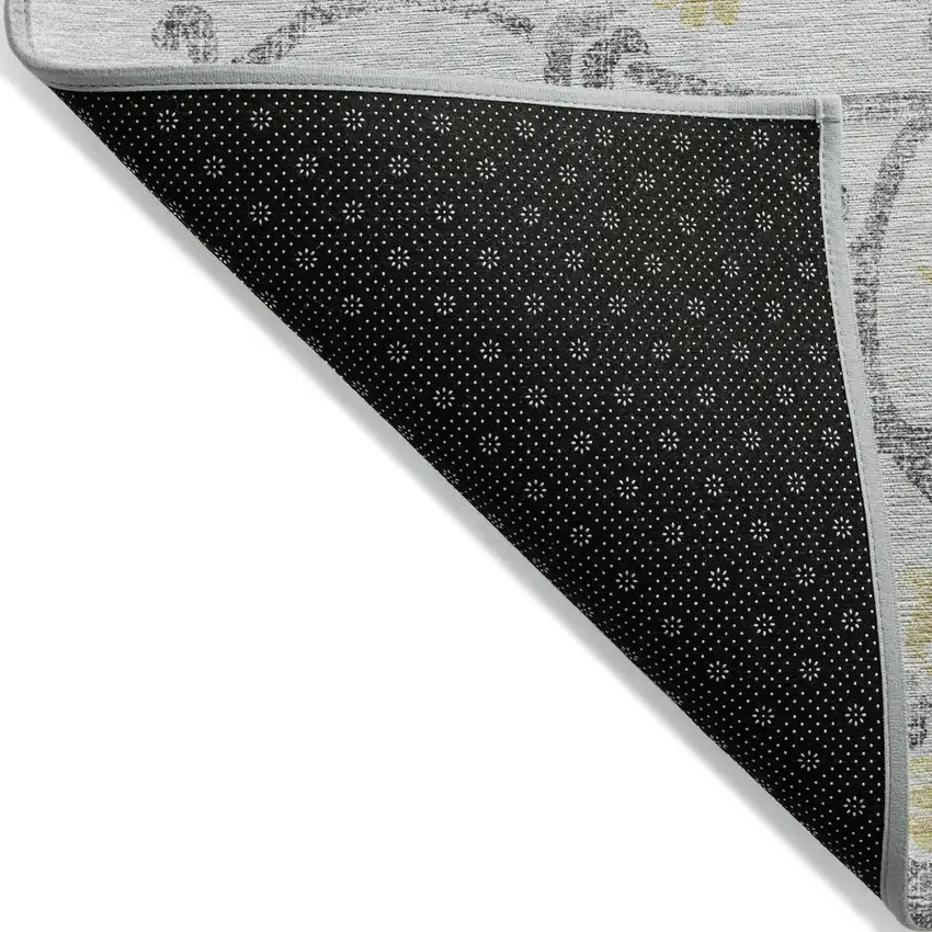 Silver Gray And Gold Floral Washable Indoor Outdoor Area Rug Photo 2